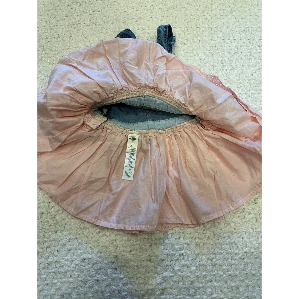 OshKosh B'gosh Toddler Girls Denim Eyelet‎ Skirtall Dress Size 2T Blue Pink